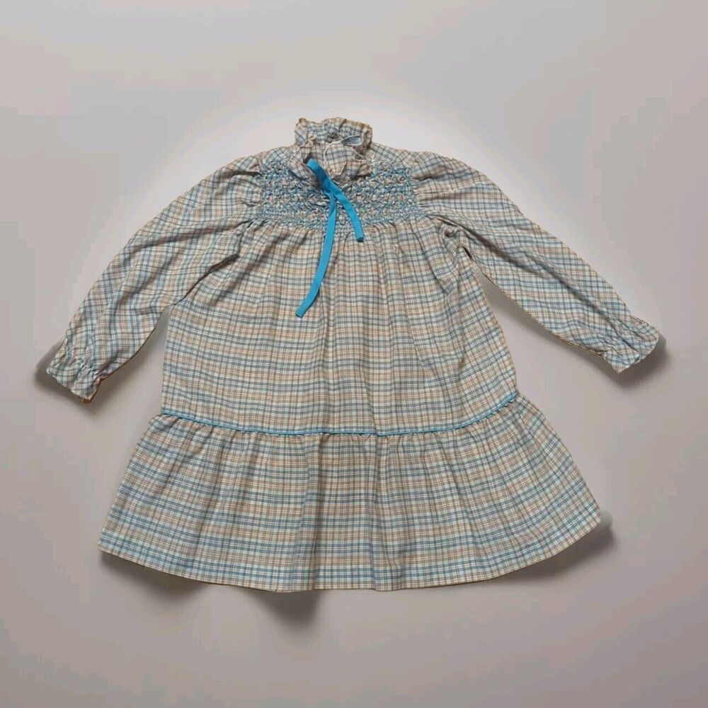 Polly Flinders Dress Girls 6 Tan Blue Plaid Hand Smocked Long Sleeve Vintage